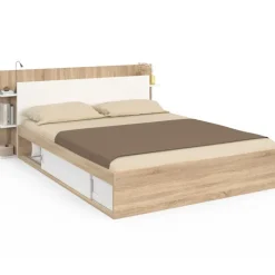 Lit double avec rangements, sommier et tête de lit 140 x 190 cm bois et blanc