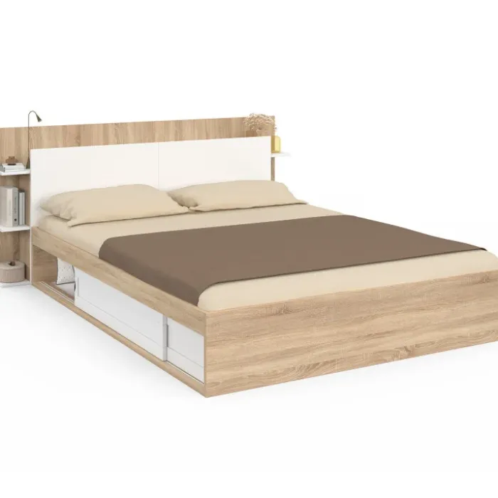 Lit double avec rangements, sommier et tête de lit 140 x 190 cm bois et blanc