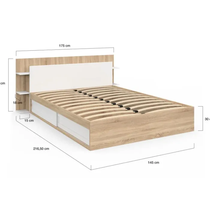 Lit double avec rangements, sommier et tête de lit 140 x 190 cm bois et blanc