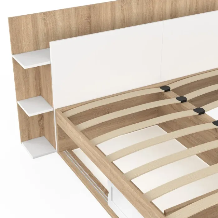 Lit double avec rangements, sommier et tête de lit 140 x 190 cm bois et blanc