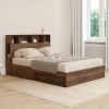 Lit double avec rangements + tête de lit et sommier 140 x 190 cm effet noyer