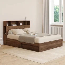 Lit double avec rangements + tête de lit et sommier 140 x 190 cm effet noyer