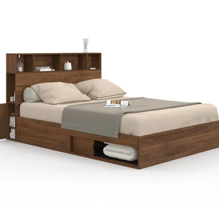 Lit double avec rangements + tête de lit et sommier 140 x 190 cm effet noyer