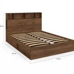 Lit double avec rangements + tête de lit et sommier 140 x 190 cm effet noyer
