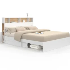 Lit double avec rangements + tête de lit et sommier 160 x 200 cm blanc et hêtre