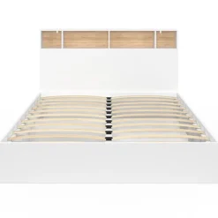Lit double avec rangements + tête de lit et sommier 160 x 200 cm blanc et hêtre