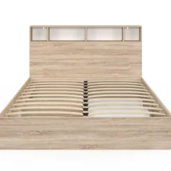 Lit double avec rangements + tête de lit et sommier 160 x 200 cm hêtre et blanc