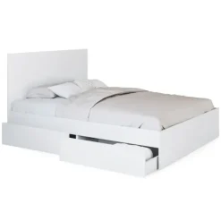 Lit double blanc 4 tiroirs sur roulettes avec tête de lit