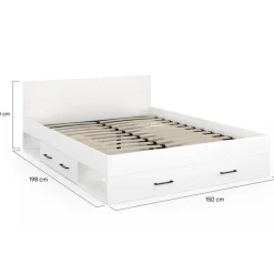 Lit double blanc 140x190cm avec tête de lit et rangements