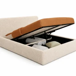 Lit double coffre de 140 x 190 cm en tissu bouclette avec des rangements XL, une tête de lit et un sommier