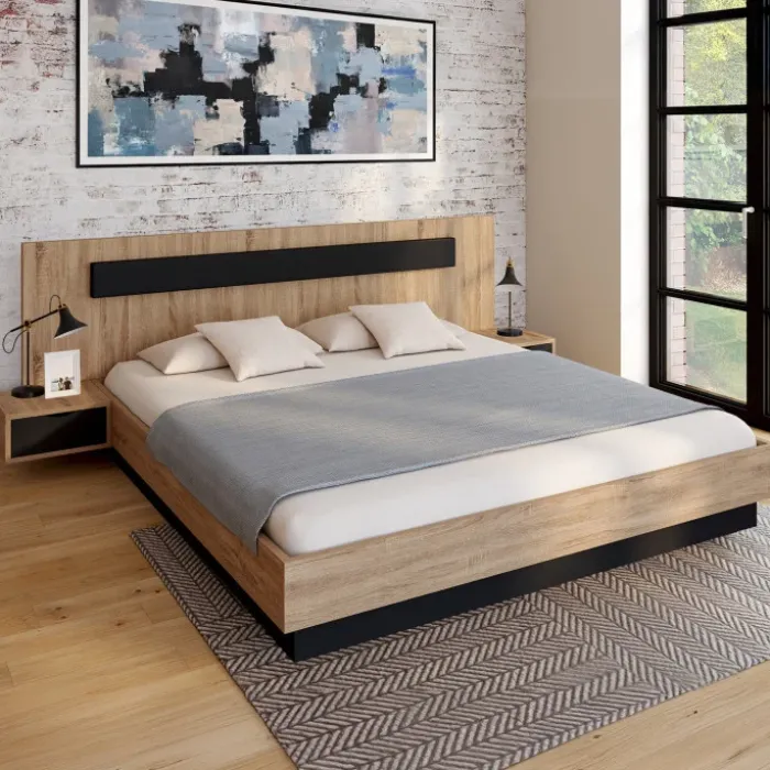 Lit double de 180 x 200 cm avec tête de lit, tables de chevet et sommier bois et noir
