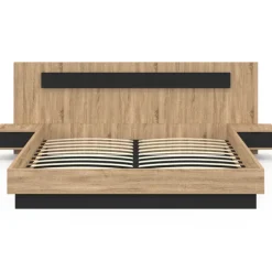 Lit double de 180 x 200 cm avec tête de lit, tables de chevet et sommier bois et noir