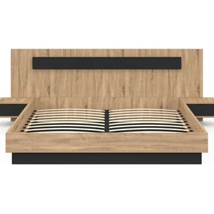 Lit double de 180 x 200 cm avec tête de lit, tables de chevet et sommier bois et noir