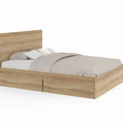 Lit double façon hêtre 4 tiroirs sur roulettes avec tête de lit