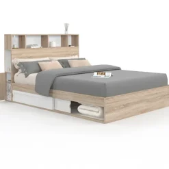Lit double hêtre et blanc avec rangements + tête de lit et sommier 140x190 cm