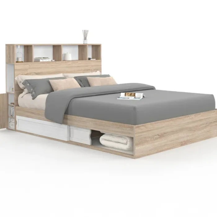 Lit double hêtre et blanc avec rangements + tête de lit et sommier 140x190 cm
