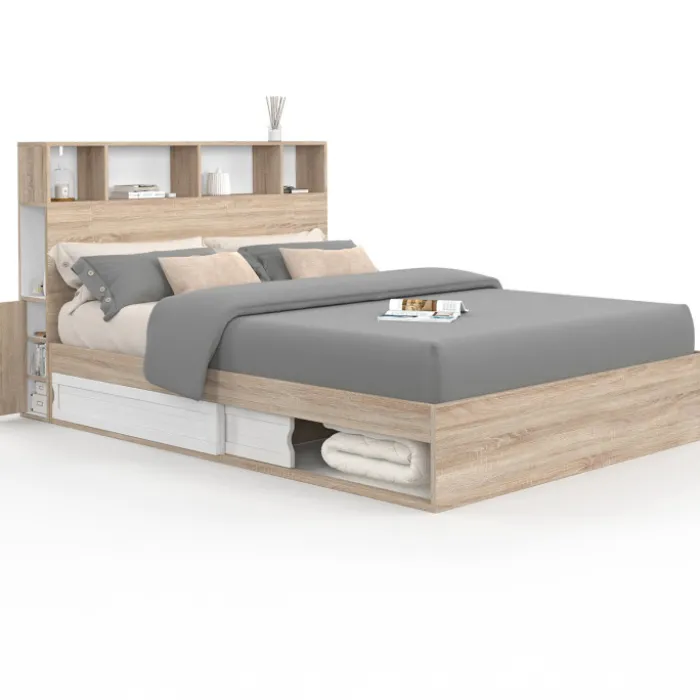 Lit double hêtre et blanc avec rangements + tête de lit et sommier 140x190 cm