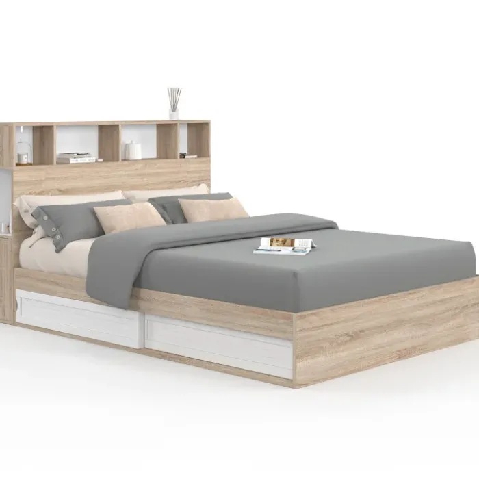 Lit double hêtre et blanc avec rangements + tête de lit et sommier 140x190 cm