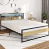 Lit double LED intégrés dans la tête de lit et sommier 140x190 cm effet bois et métal noir style industriel
