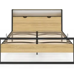 Lit double LED intégrés dans la tête de lit et sommier 140x190 cm effet bois et métal noir style industriel