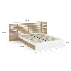 Lit double 140x190 blanc et hêtre avec rangement, tête de lit et chevets