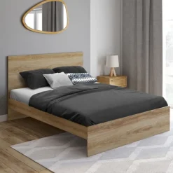 Lit double 140x190 cm avec sommier et tête de lit en bois