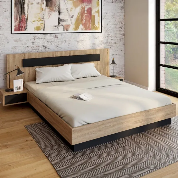Lit double 160x200 cm bois et noir avec tête de lit et tables de chevet