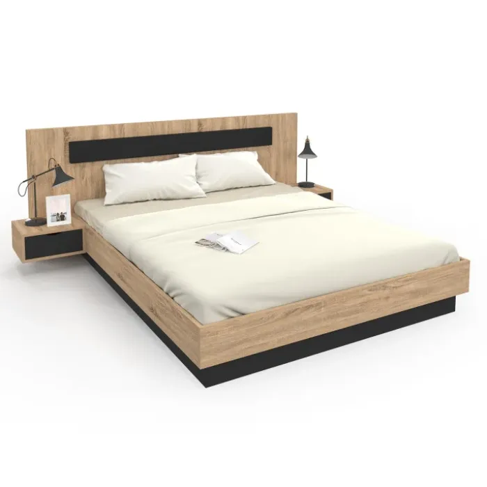Lit double 160x200 cm bois et noir avec tête de lit et tables de chevet