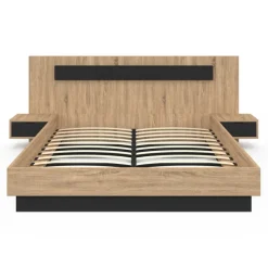 Lit double 160x200 cm bois et noir avec tête de lit et tables de chevet