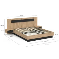 Lit double 160x200 cm bois et noir avec tête de lit et tables de chevet