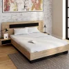 Lit double 140x190 cm tête de lit sommier avec chevets suspendus bois et noir