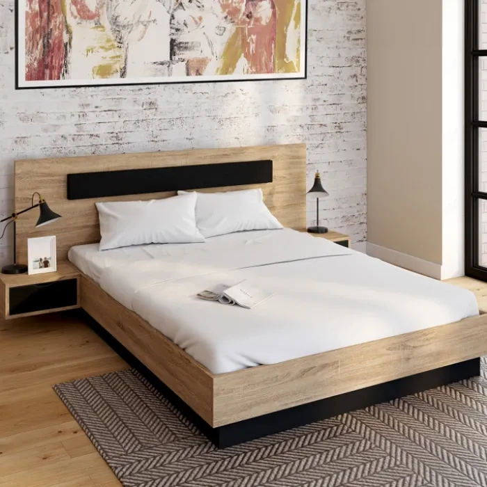 Lit double 140x190 cm tête de lit sommier avec chevets suspendus bois et noir