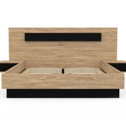 Lit double 140x190 cm tête de lit sommier avec chevets suspendus bois et noir