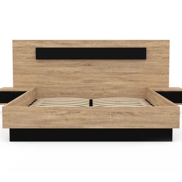 Lit double 140x190 cm tête de lit sommier avec chevets suspendus bois et noir
