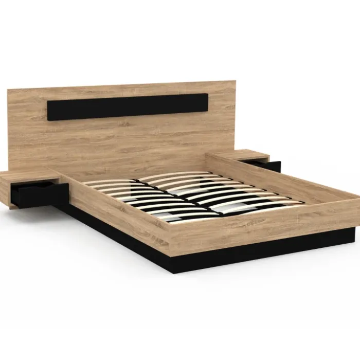 Lit double 140x190 cm tête de lit sommier avec chevets suspendus bois et noir