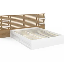 Lit double 140x190 hêtre et blanc avec tête de lit et chevets