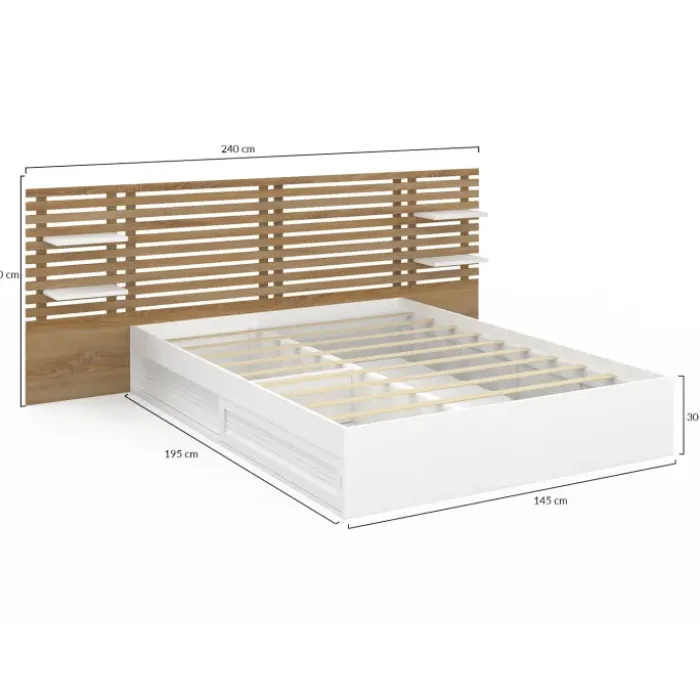 Lit double 140x190 hêtre et blanc avec tête de lit et chevets