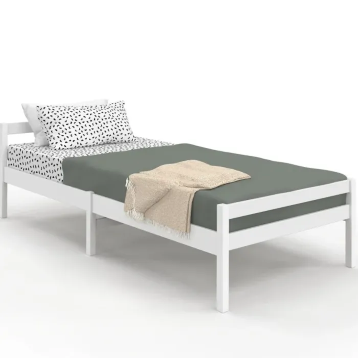 Lit simple 90 x 190 cm avec sommier bois blanc
