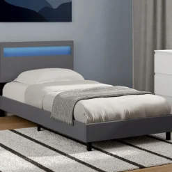 Lit simple 90 x 190 cm avec tête de lit LED intégrées et sommier PVC gris