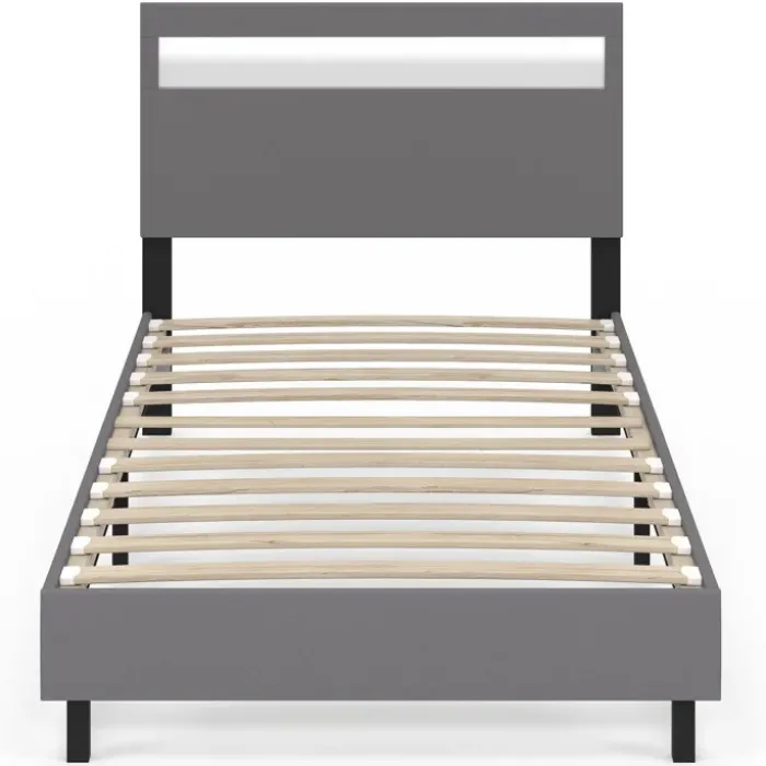 Lit simple 90 x 190 cm avec tête de lit LED intégrées et sommier PVC gris