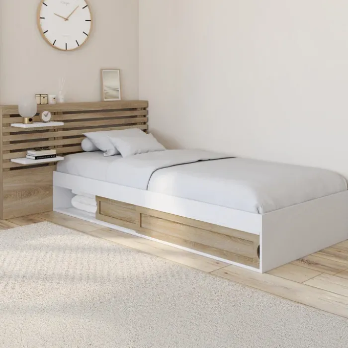 Lit simple avec tête de lit, chevets, rangements et sommier 90 x 190 cm façon hêtre et blanc