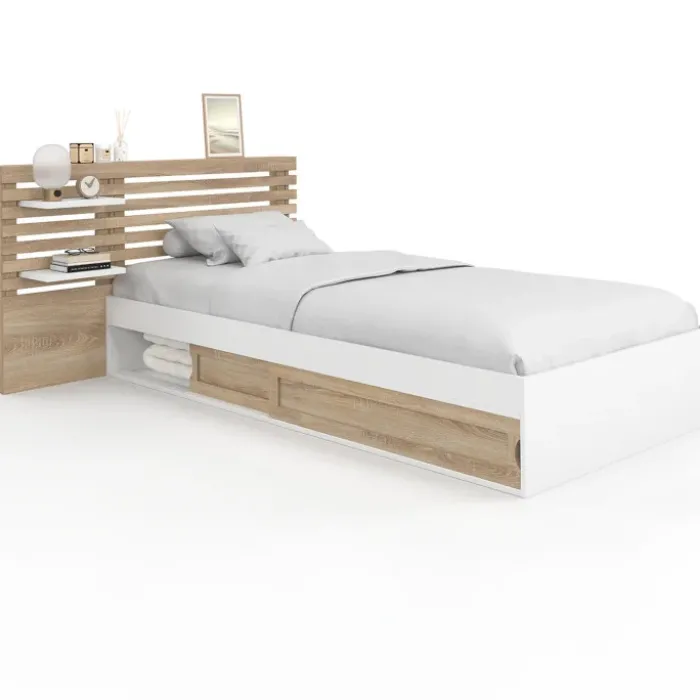 Lit simple avec tête de lit, chevets, rangements et sommier 90 x 190 cm façon hêtre et blanc