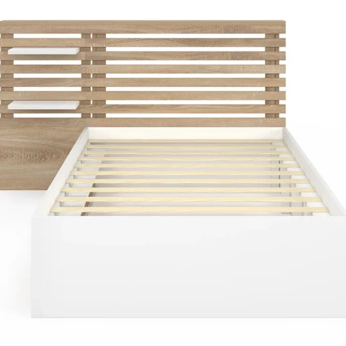 Lit simple avec tête de lit, chevets, rangements et sommier 90 x 190 cm façon hêtre et blanc