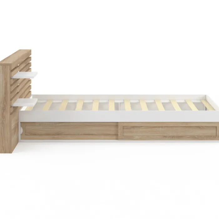 Lit simple avec tête de lit, chevets, rangements et sommier 90 x 190 cm façon hêtre et blanc