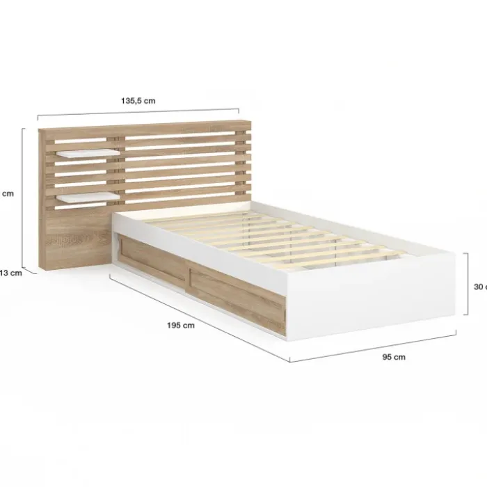 Lit simple avec tête de lit, chevets, rangements et sommier 90 x 190 cm façon hêtre et blanc