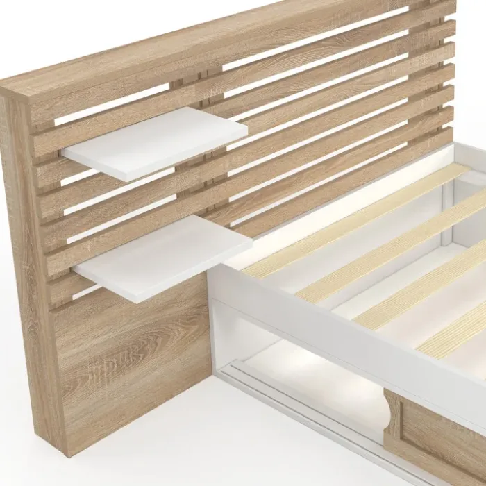 Lit simple avec tête de lit, chevets, rangements et sommier 90 x 190 cm façon hêtre et blanc