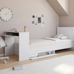 Lit simple blanc 90 x 190 cm avec rangements, sommier, tête de lit et bureau