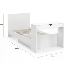 Lit simple blanc 90 x 190 cm avec rangements, sommier, tête de lit et bureau