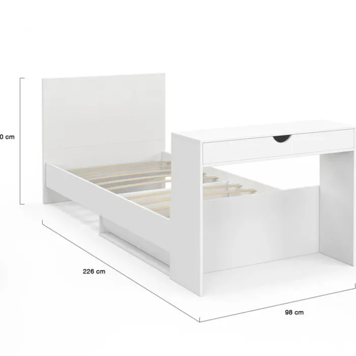 Lit simple blanc 90 x 190 cm avec rangements, sommier, tête de lit et bureau