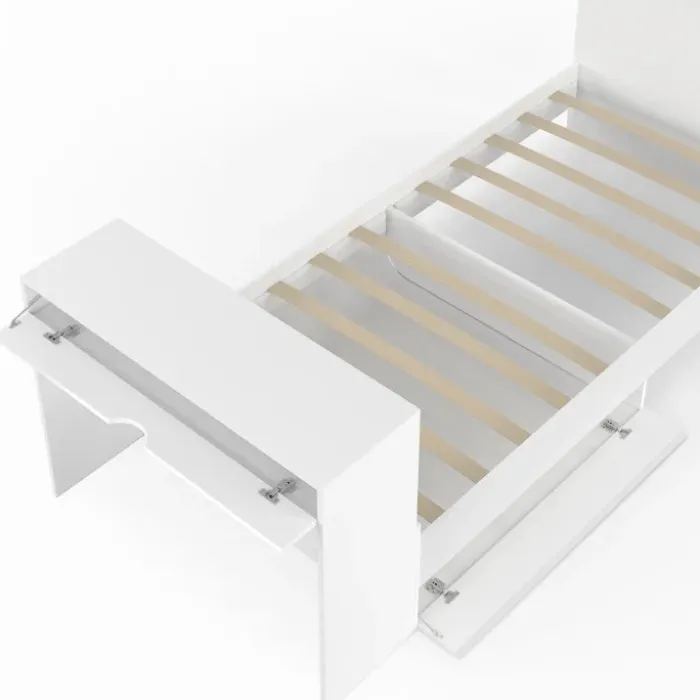 Lit simple blanc 90 x 190 cm avec rangements, sommier, tête de lit et bureau